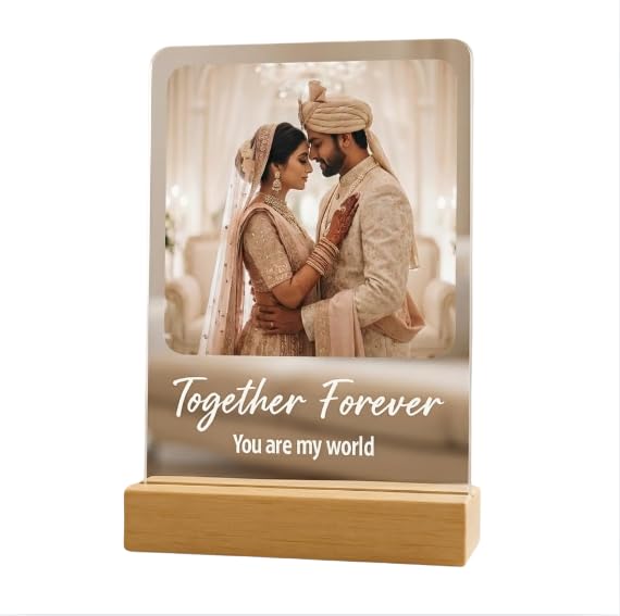 Darak Gifting Company Acrylic Customized Photo, Text Plaque | Personalized Photo Frame with Pinewood Stand | Gift for friend, partner, parents, Rectangular, Tabletop, 8.2 X 5.9 Inch