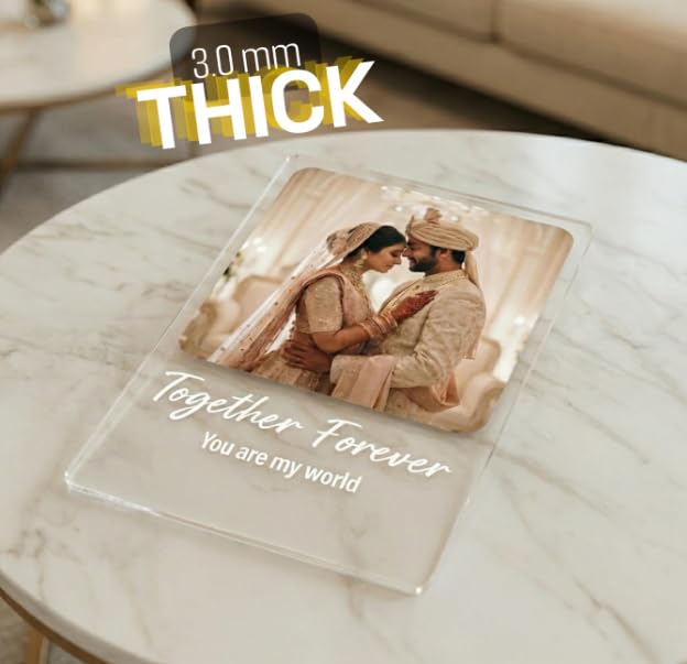 Darak Gifting Company Acrylic Customized Photo, Text Plaque | Personalized Photo Frame with Pinewood Stand | Gift for friend, partner, parents, Rectangular, Tabletop, 8.2 X 5.9 Inch