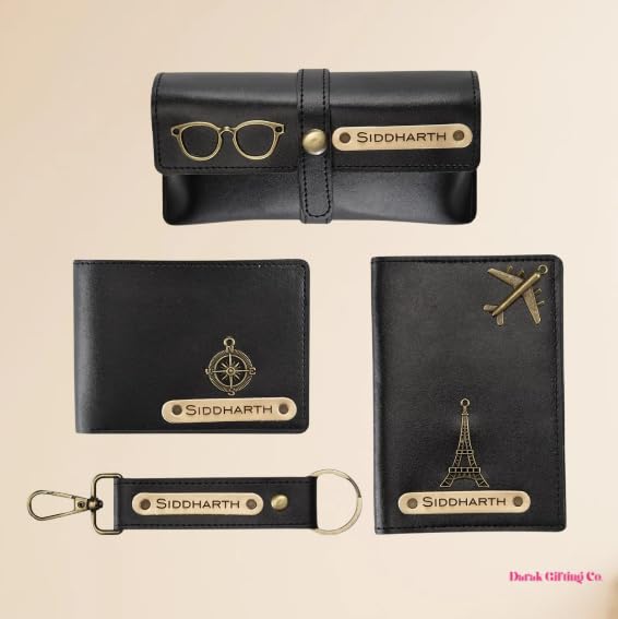 Darak Gifting Co. Personalised Name Men's Giftset, Black Vegan Leather