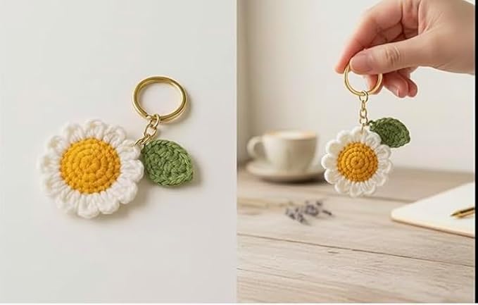 Darak Gifting Co. Handmade Crochet Daisy Keychain for Women & Girls | Cute Flower Keyring with Leaf Charm | Soft Wool Knitted Bag Charm | Car, Bike & Backpack Accessory – Gift for Friends