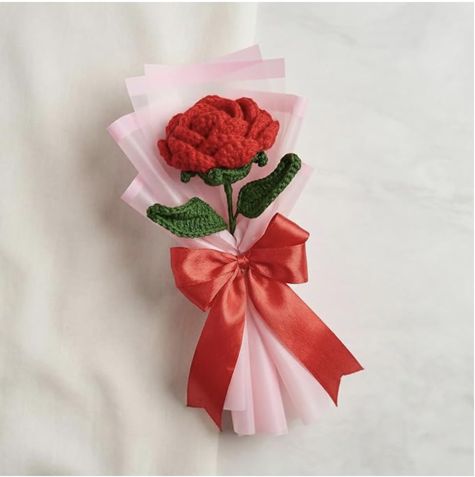 Handmade Crochet Red Rose Bouquet, Artificial Forever Flowers, Acrylic Yarn, 25cm, Gift for Anniversary Birthday Valentine's Day
