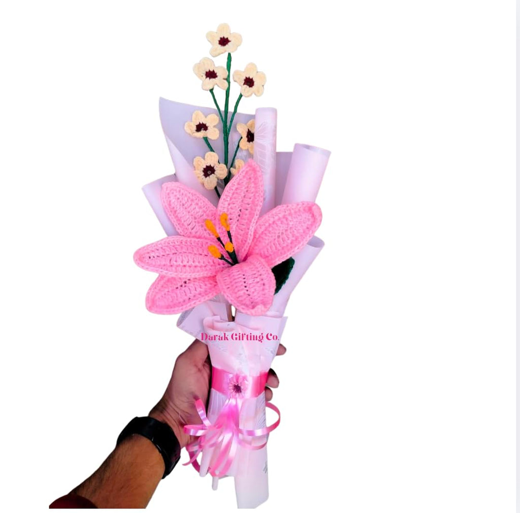 Darak Gifting Co. | Handmade Crochet Pink Lily Bouquet with Cherry Blossoms | Artificial Flower Bouquet Mother's Day, Birthday