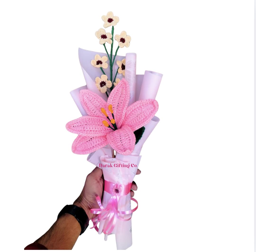 Darak Gifting Co. | Handmade Crochet Pink Lily Bouquet with Cherry Blossoms | Artificial Flower Bouquet Mother's Day, Birthday