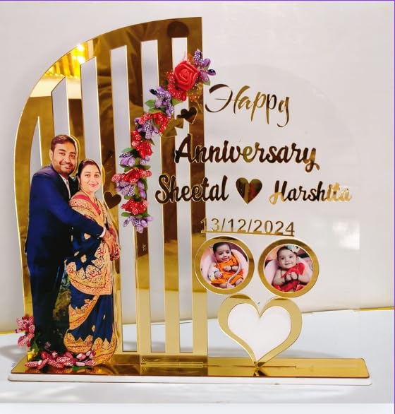 Darak Gifting Co. Personalized Anniversary Acrylic Photo Frame with Name, Date & Photos | Customized Couple Gift for Husband Wife | Wedding Anniversary Keepsake | Premium Golden Mirror Finish Decor
