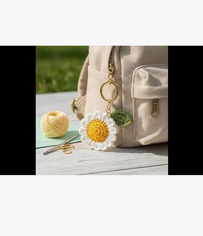 Darak Gifting Co. Handmade Crochet Daisy Keychain for Women & Girls | Cute Flower Keyring with Leaf Charm | Soft Wool Knitted Bag Charm | Car, Bike & Backpack Accessory – Gift for Friends