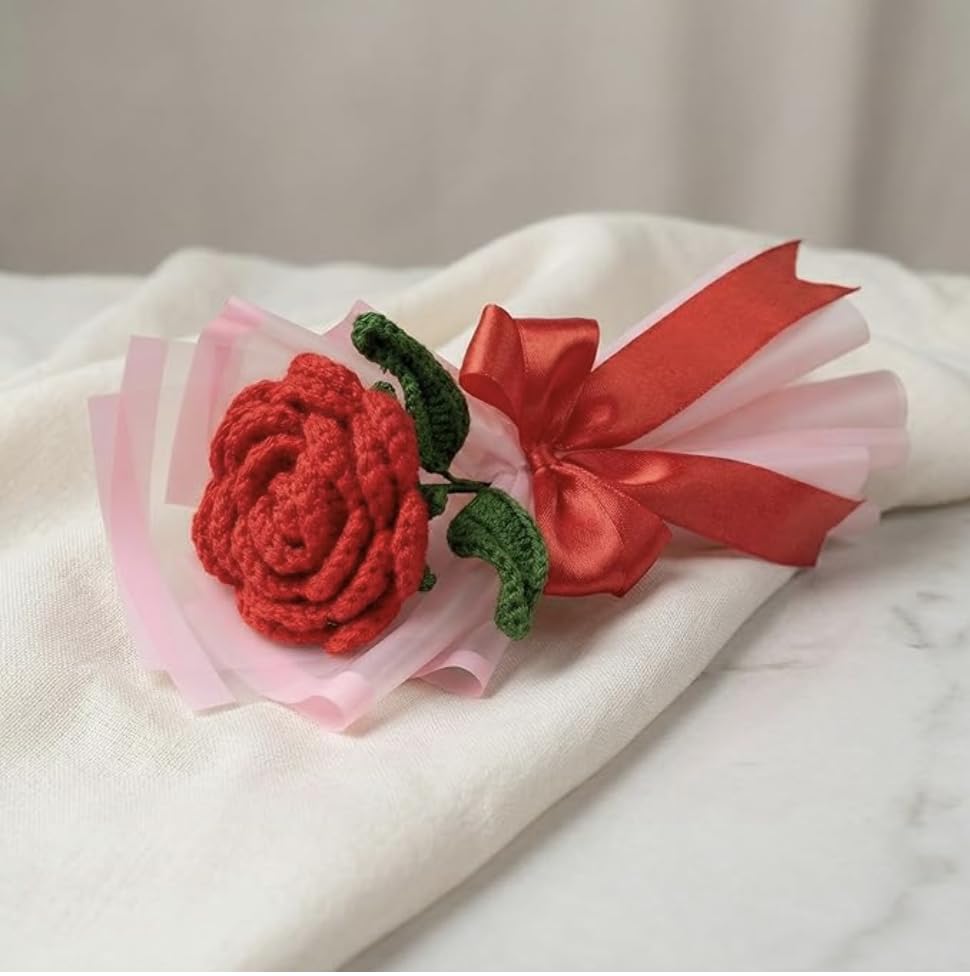 Handmade Crochet Red Rose Bouquet, Artificial Forever Flowers, Acrylic Yarn, 25cm, Gift for Anniversary Birthday Valentine's Day