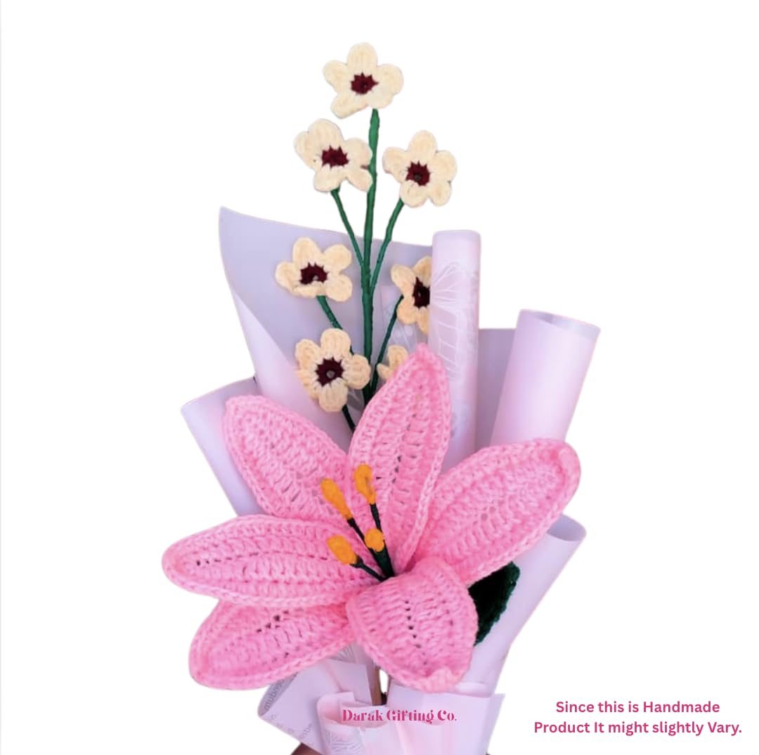 Darak Gifting Co. | Handmade Crochet Pink Lily Bouquet with Cherry Blossoms | Artificial Flower Bouquet Mother's Day, Birthday