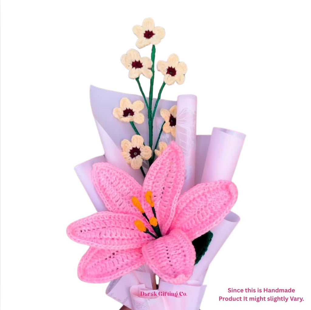 Darak Gifting Co. | Handmade Crochet Pink Lily Bouquet with Cherry Blossoms | Artificial Flower Bouquet Mother's Day, Birthday