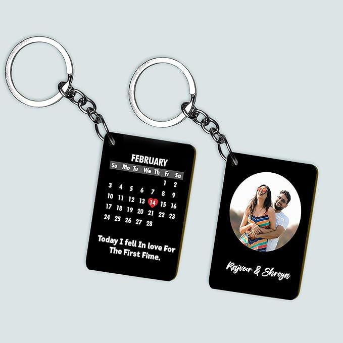 Darak Gifitng Co. MDF Wooden Personalized Calendar Keychain Customised Date Highlighted Love Keychain For Husband-Wife Girlfriend-Boyfriend Couples With Name/Photo (Rectangle),Multi-Coloured