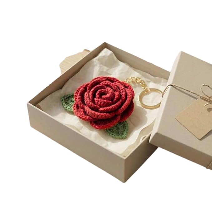 Darak Gifting Co. Handmade Crochet Rose Flower Keychain for Women & Girls, Cute Red Flower Key Ring, Soft Yarn Knitted Charm, Romantic Gift, Bag Accessory, Car Key Holder, Aesthetic Handmade Gift