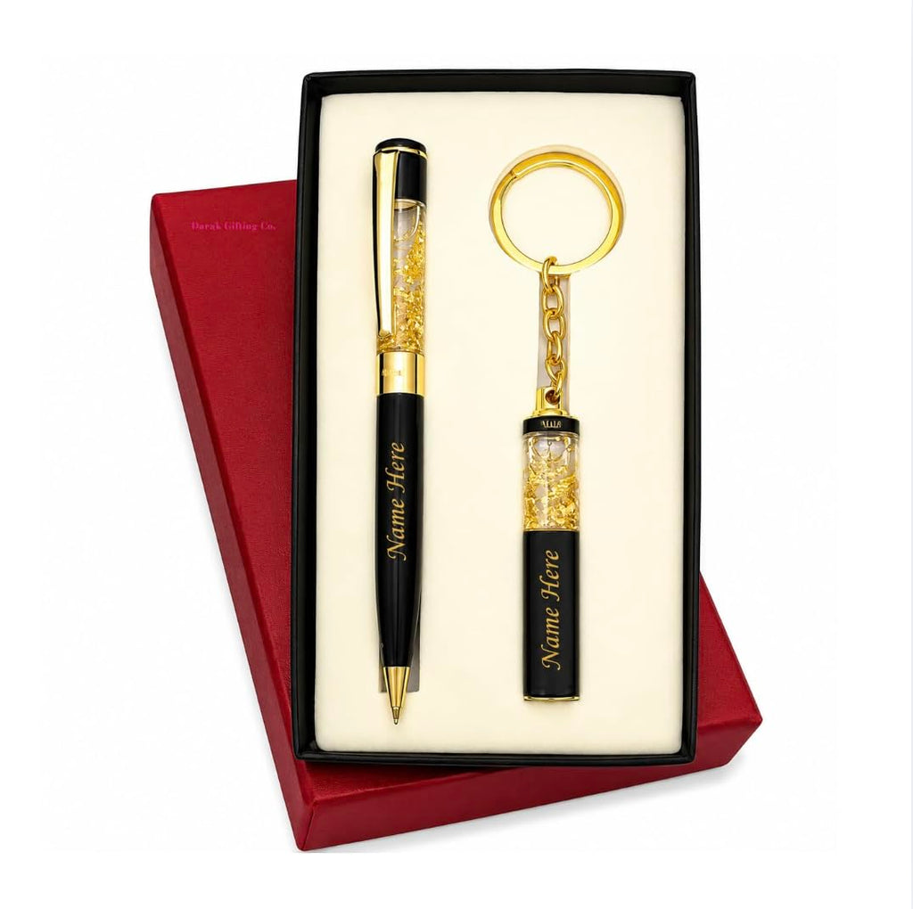 Darak Gifting Co. Personalised Pen and Keychain Set, Black and Gold