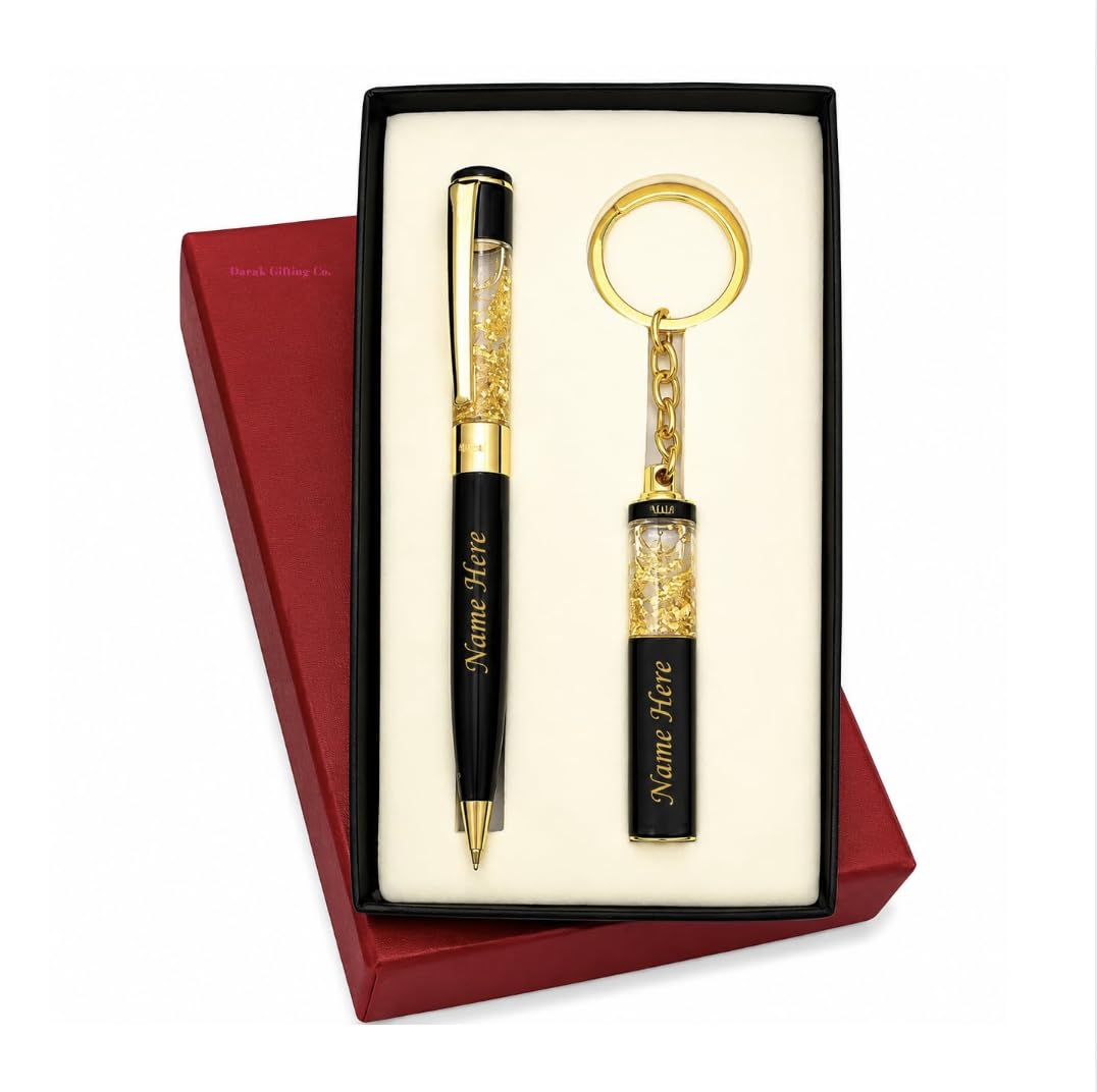 Darak Gifting Co. Personalised Pen and Keychain Set, Black and Gold
