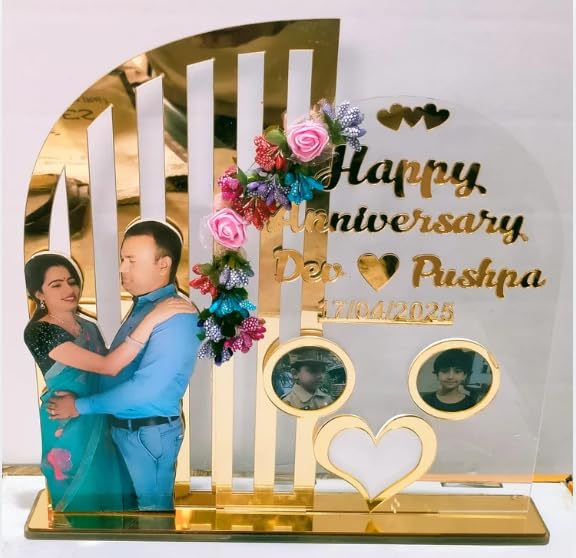 Darak Gifting Co. Personalized Anniversary Acrylic Photo Frame with Name, Date & Photos | Customized Couple Gift for Husband Wife | Wedding Anniversary Keepsake | Premium Golden Mirror Finish Decor