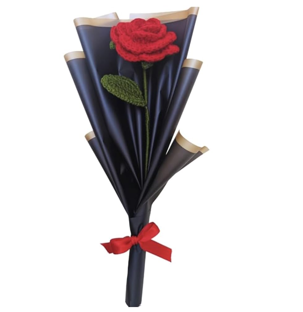 Darak Gifting Co. Handicrafts Artificial Crochet Red Rose Single Flower Bouquet/Forever Flowers/Valentine Day Romantic Gift for Girls/Boys/Girlfriend/Boyfriend/husbund/Wife (1 red Rose)