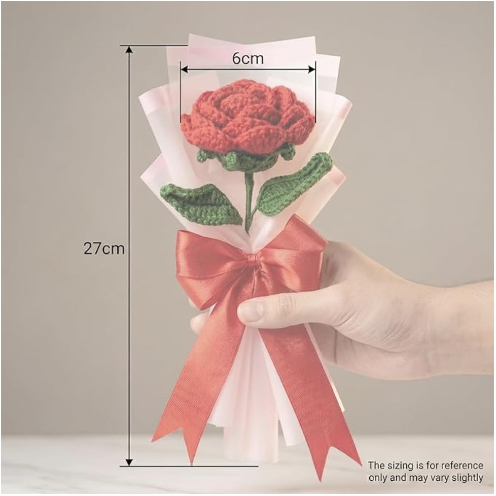 Handmade Crochet Red Rose Bouquet, Artificial Forever Flowers, Acrylic Yarn, 25cm, Gift for Anniversary Birthday Valentine's Day