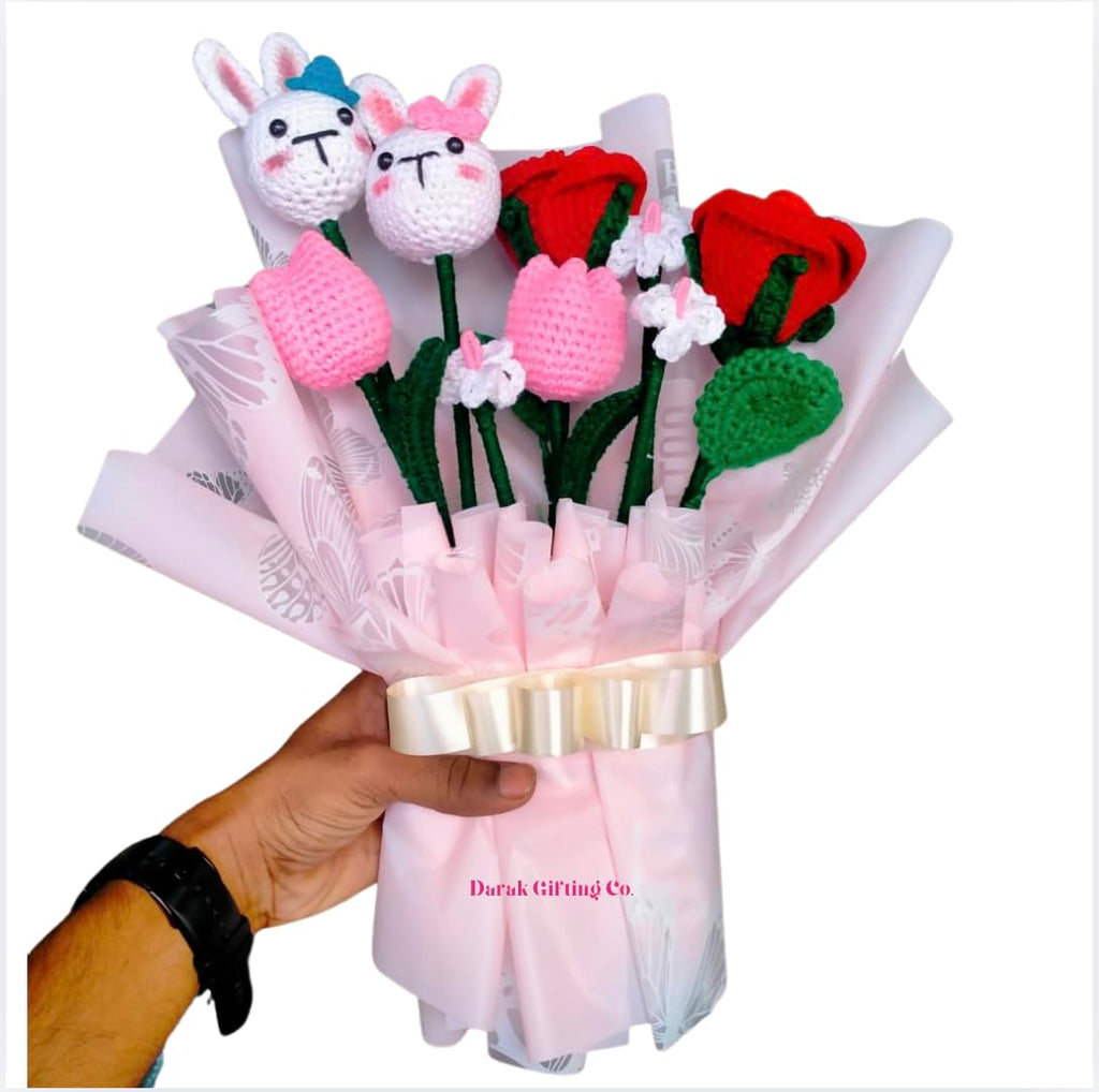 Darak Gifting Co. Handmade Crochet Bunny Couple Bouquet