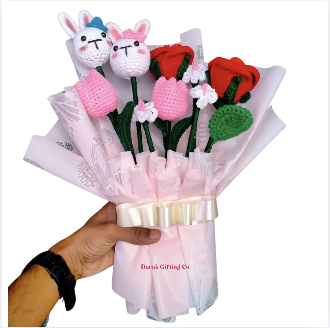 Darak Gifting Co. Handmade Crochet Bunny Couple Bouquet