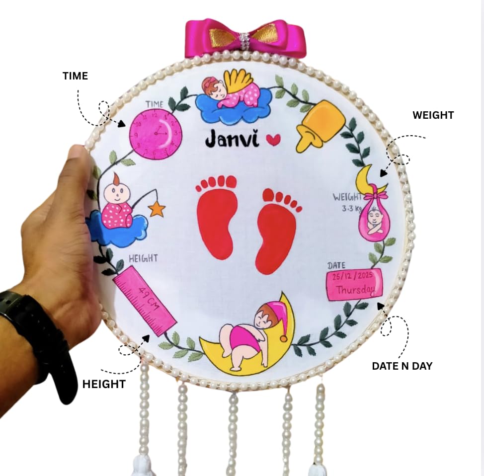 Darak Gifting Co.| Personalized Baby Birth Details Hoop Art | Custom Name, Weight, Height, Date & Time Wall Hanging | Newborn Nursery Decor Gift
