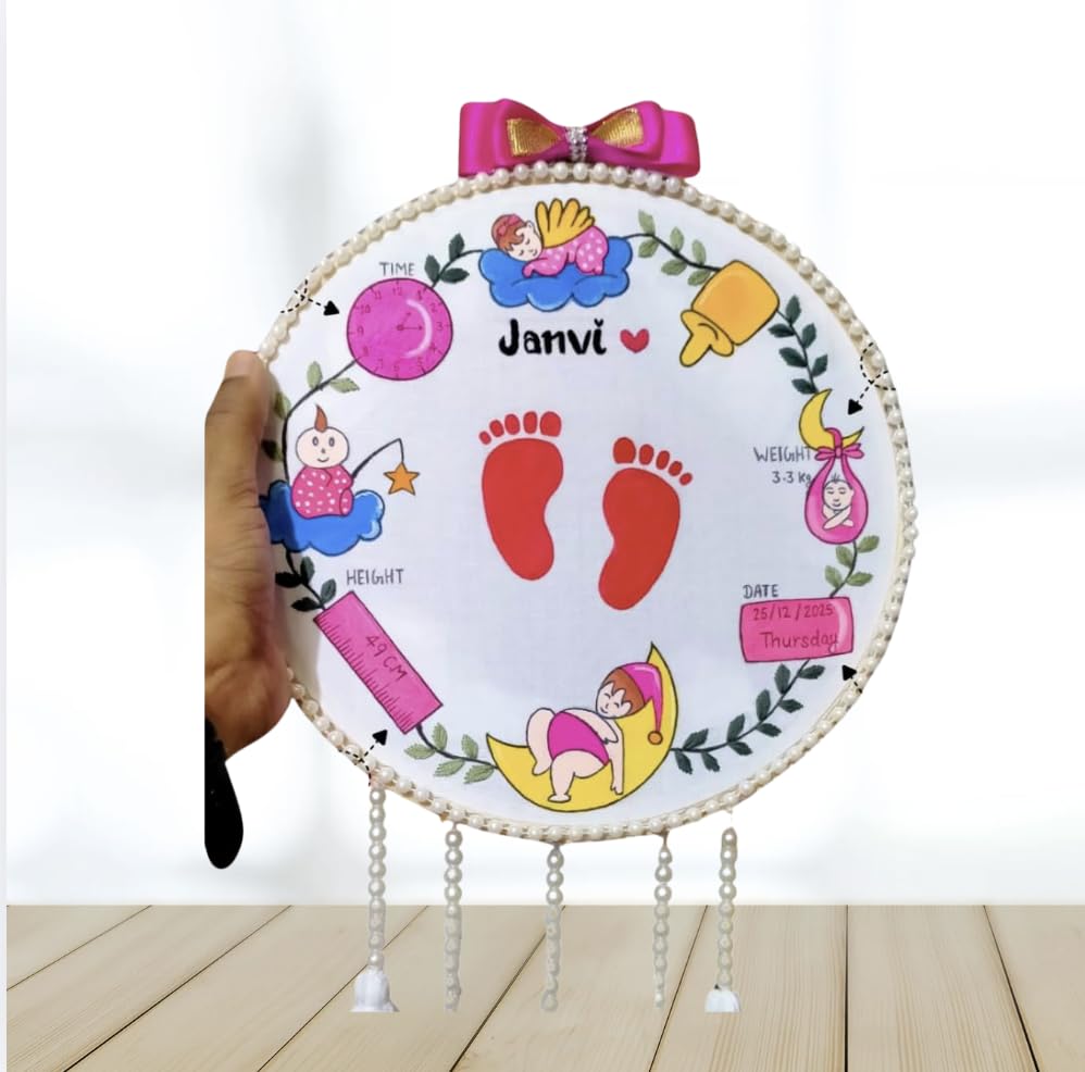 Darak Gifting Co.| Personalized Baby Birth Details Hoop Art | Custom Name, Weight, Height, Date & Time Wall Hanging | Newborn Nursery Decor Gift