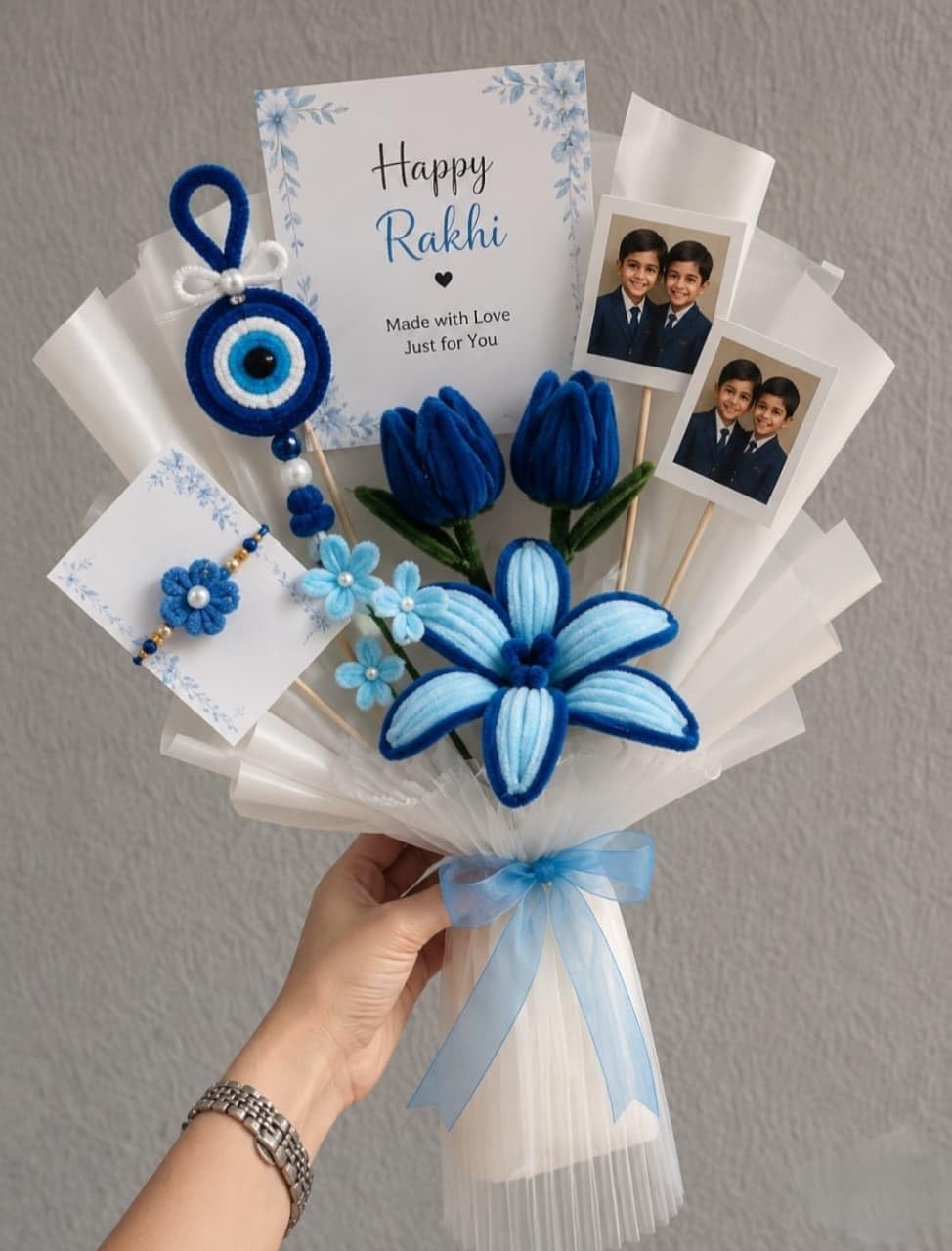 Darak Gifting Co. | Handmade Rakhi Gift Bouquet with Personalized Photo Cards | Evil Eye Charm & Pipe Cleaner Flowers | Rakhi Gift for Brother