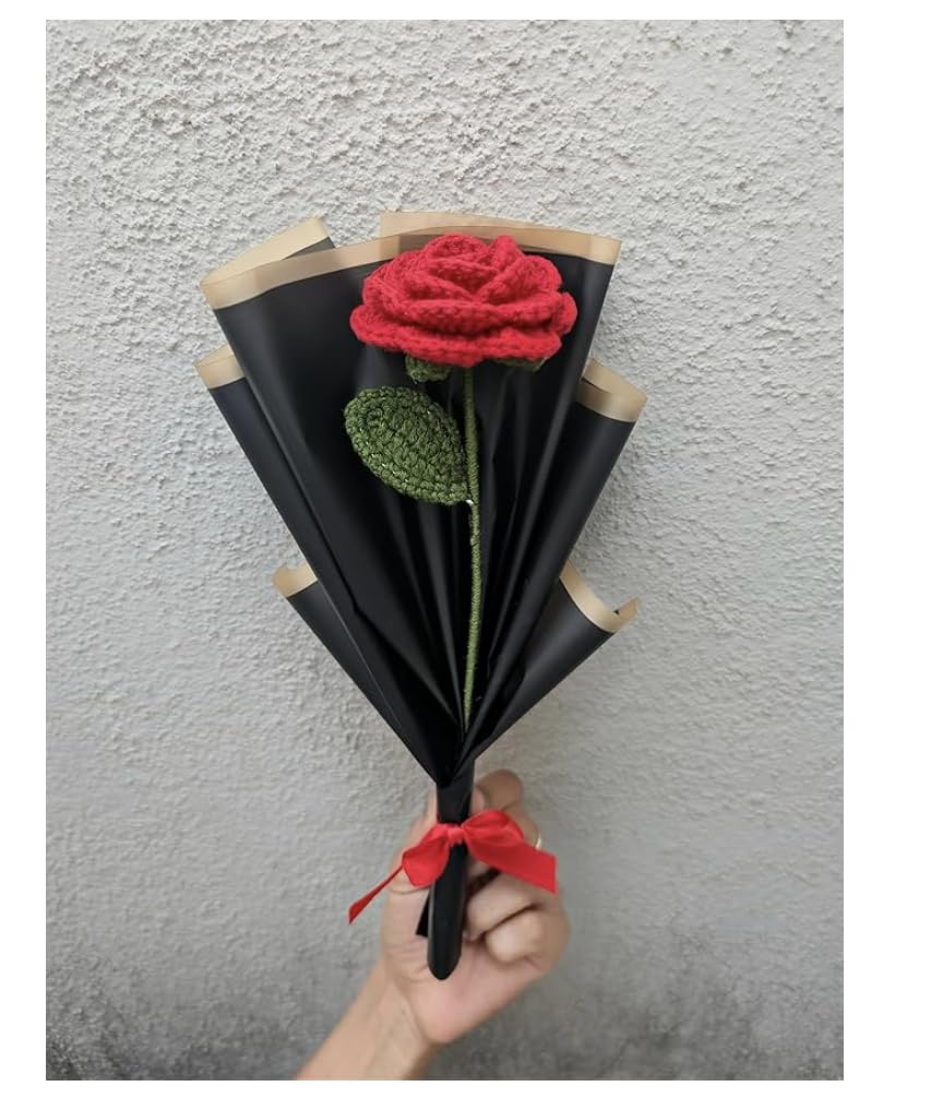 Darak Gifting Co. Handicrafts Artificial Crochet Red Rose Single Flower Bouquet/Forever Flowers/Valentine Day Romantic Gift for Girls/Boys/Girlfriend/Boyfriend/husbund/Wife (1 red Rose)