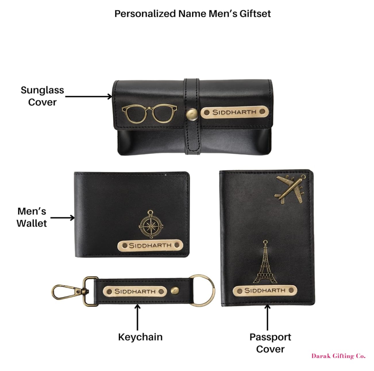 Darak Gifting Co. Personalised Name Men's Giftset, Black Vegan Leather