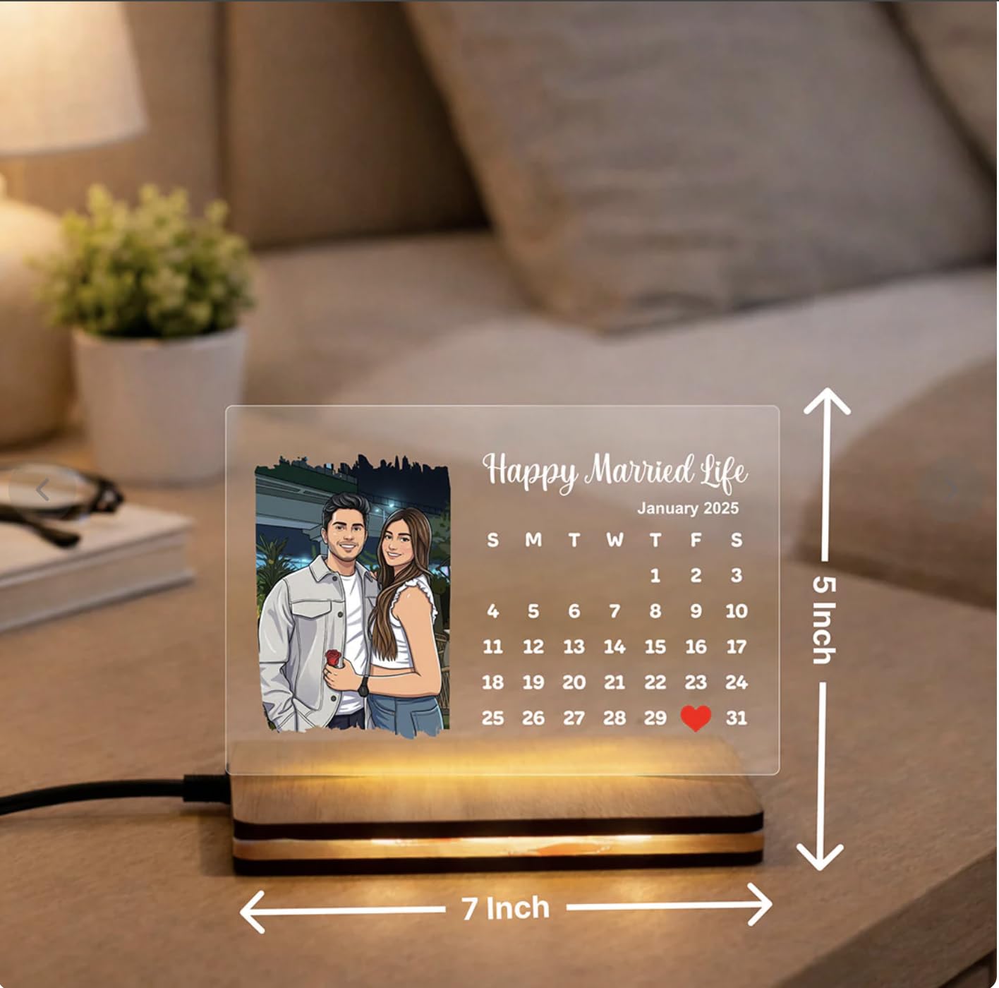 Darak Gifting Co. Personalised LED Acrylic Calendar Photo Frame 7x5 Inch
