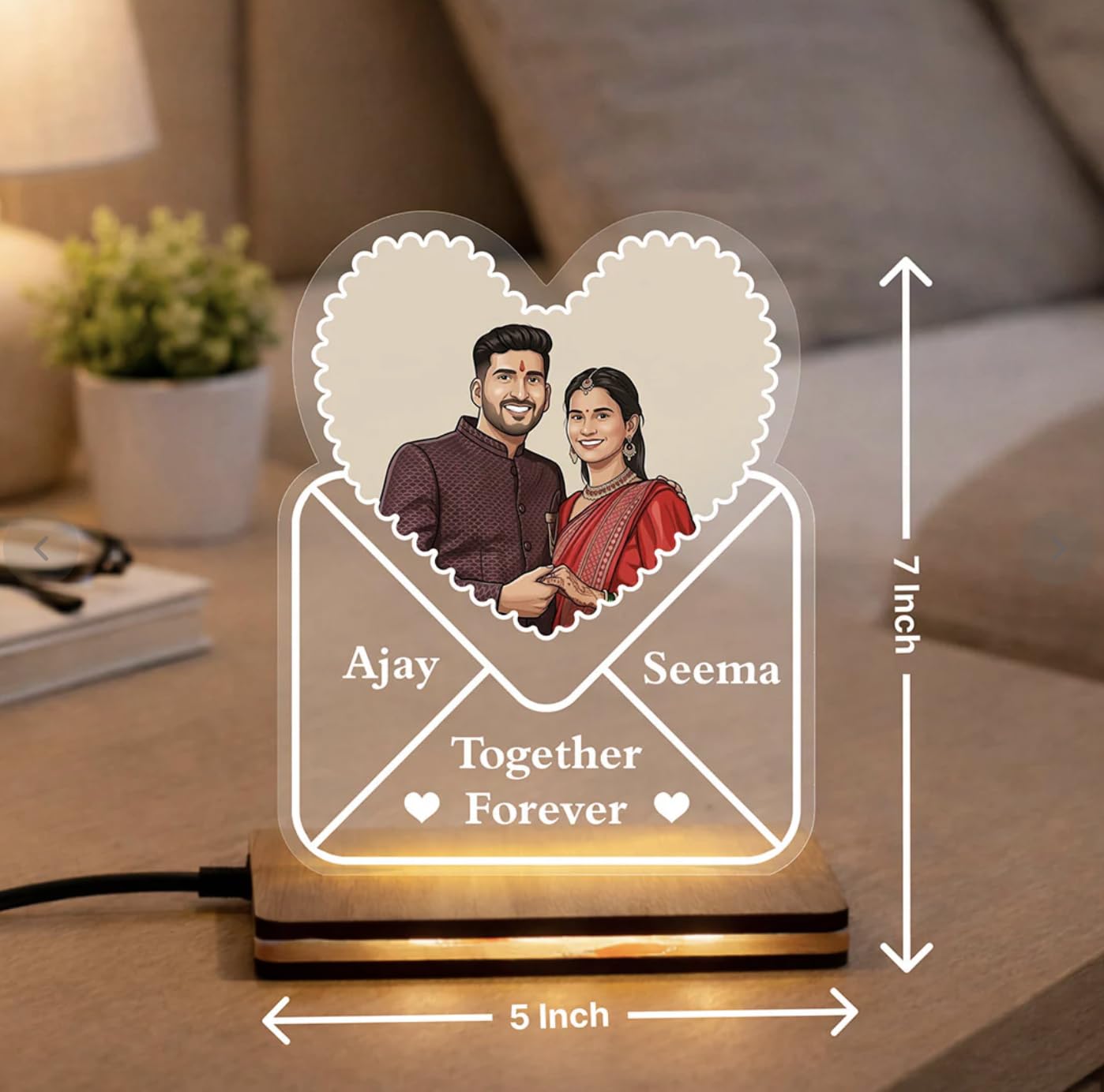 Darak Gifting Co. Personalised LED Acrylic Couple Heart Lamp 5x7 in