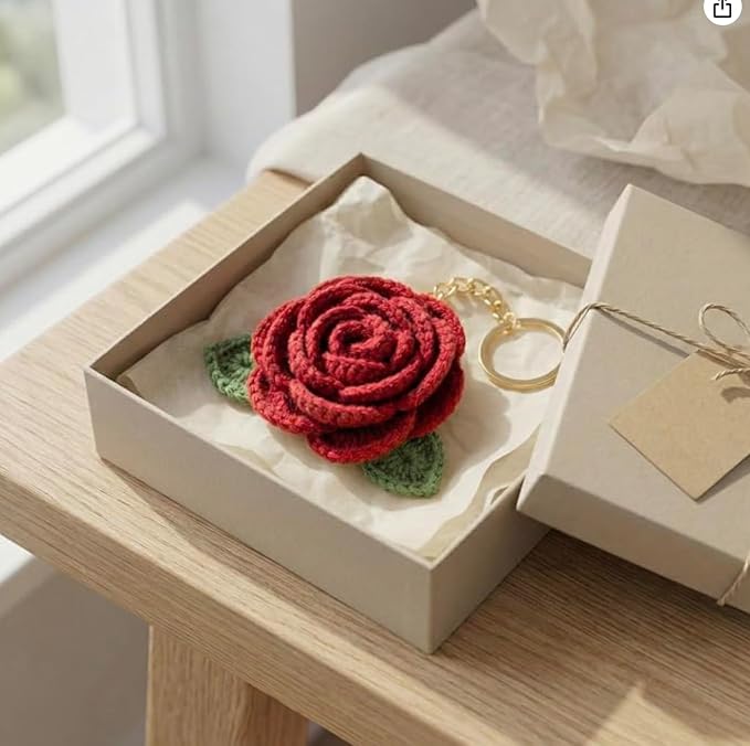 Darak Gifting Co. Handmade Crochet Rose Flower Keychain for Women & Girls, Cute Red Flower Key Ring, Soft Yarn Knitted Charm, Romantic Gift, Bag Accessory, Car Key Holder, Aesthetic Handmade Gift