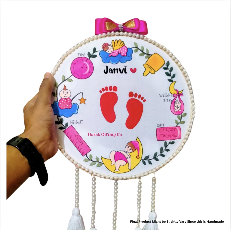Darak Gifting Co.| Personalized Baby Birth Details Hoop Art | Custom Name, Weight, Height, Date & Time Wall Hanging | Newborn Nursery Decor Gift