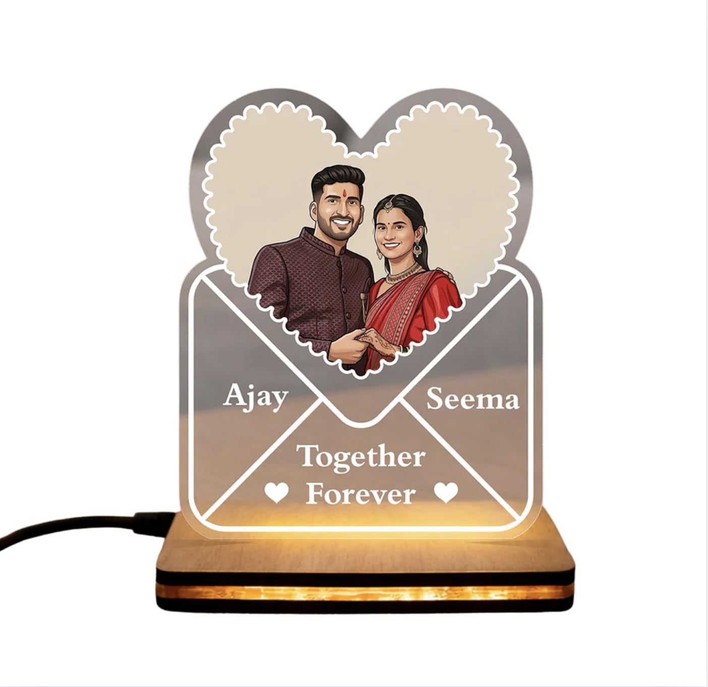 Darak Gifting Co. Personalised LED Acrylic Couple Heart Lamp 5x7 in