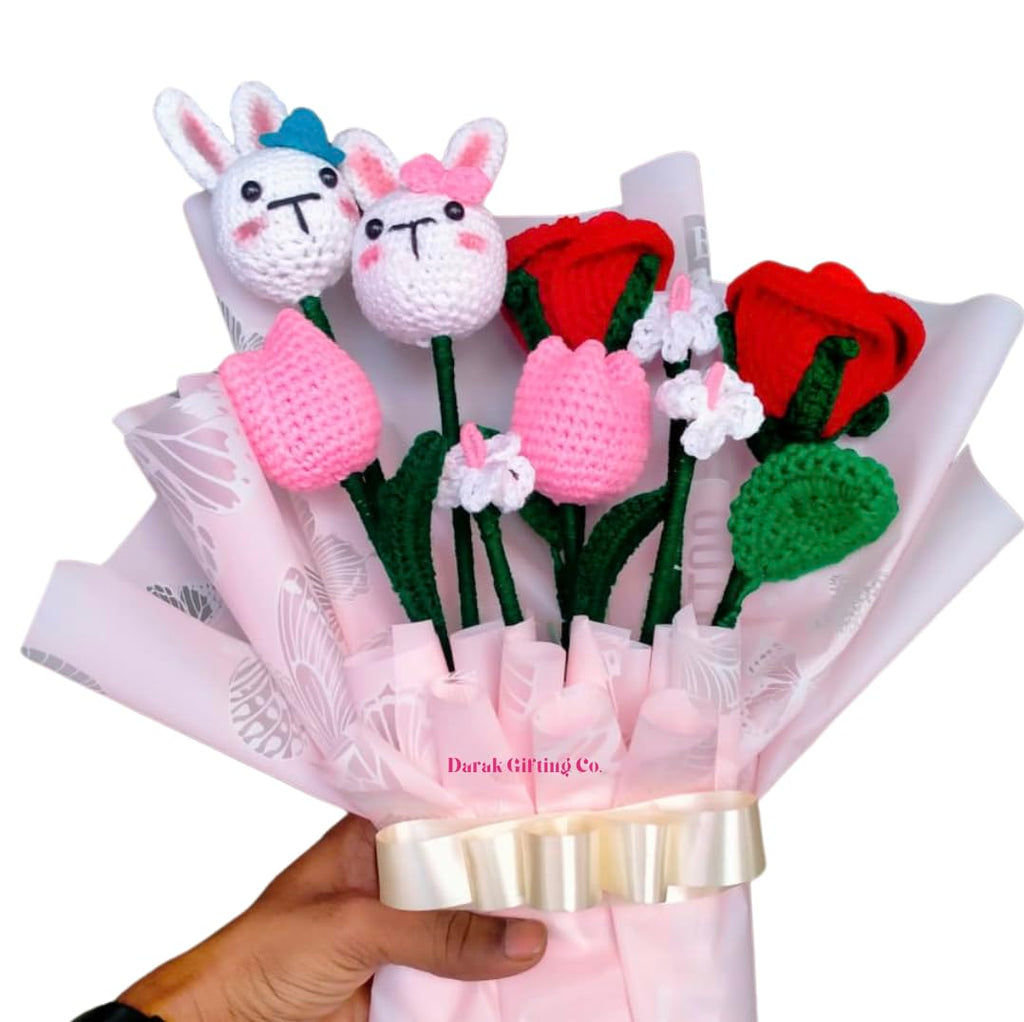 Darak Gifting Co. Handmade Crochet Bunny Couple Bouquet