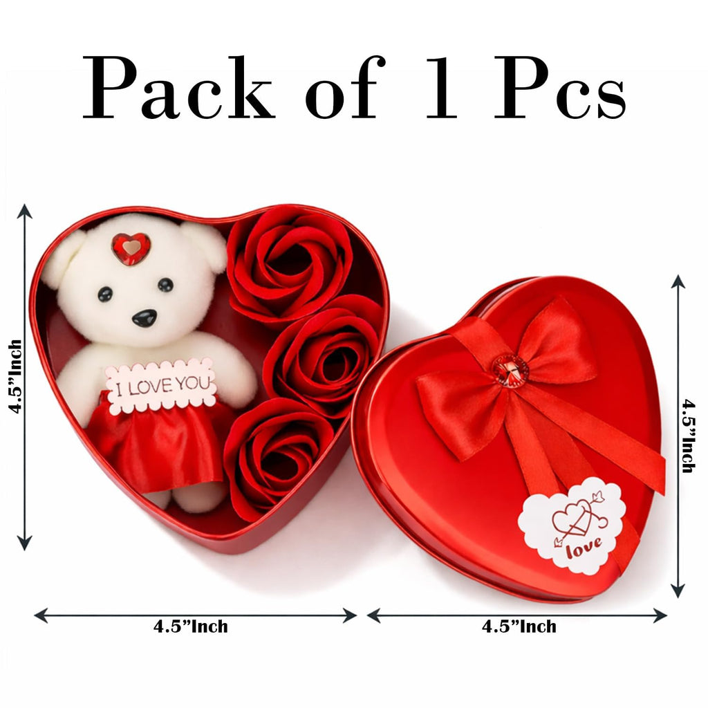 Darak Gifing Co. Decoration Heart Shape Gift Box with Teddy and 3 Artificial Roses | Romantic Decorative Gift for Valentine’s Day, Anniversary, Birthday and Special Occasions Pack of 1 Set