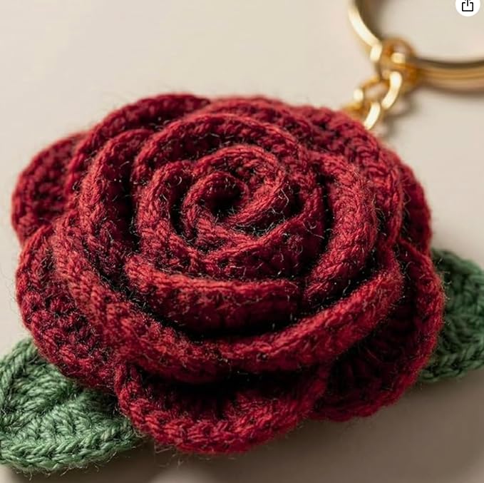 Darak Gifting Co. Handmade Crochet Rose Flower Keychain for Women & Girls, Cute Red Flower Key Ring, Soft Yarn Knitted Charm, Romantic Gift, Bag Accessory, Car Key Holder, Aesthetic Handmade Gift