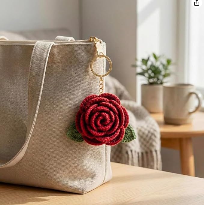Darak Gifting Co. Handmade Crochet Rose Flower Keychain for Women & Girls, Cute Red Flower Key Ring, Soft Yarn Knitted Charm, Romantic Gift, Bag Accessory, Car Key Holder, Aesthetic Handmade Gift