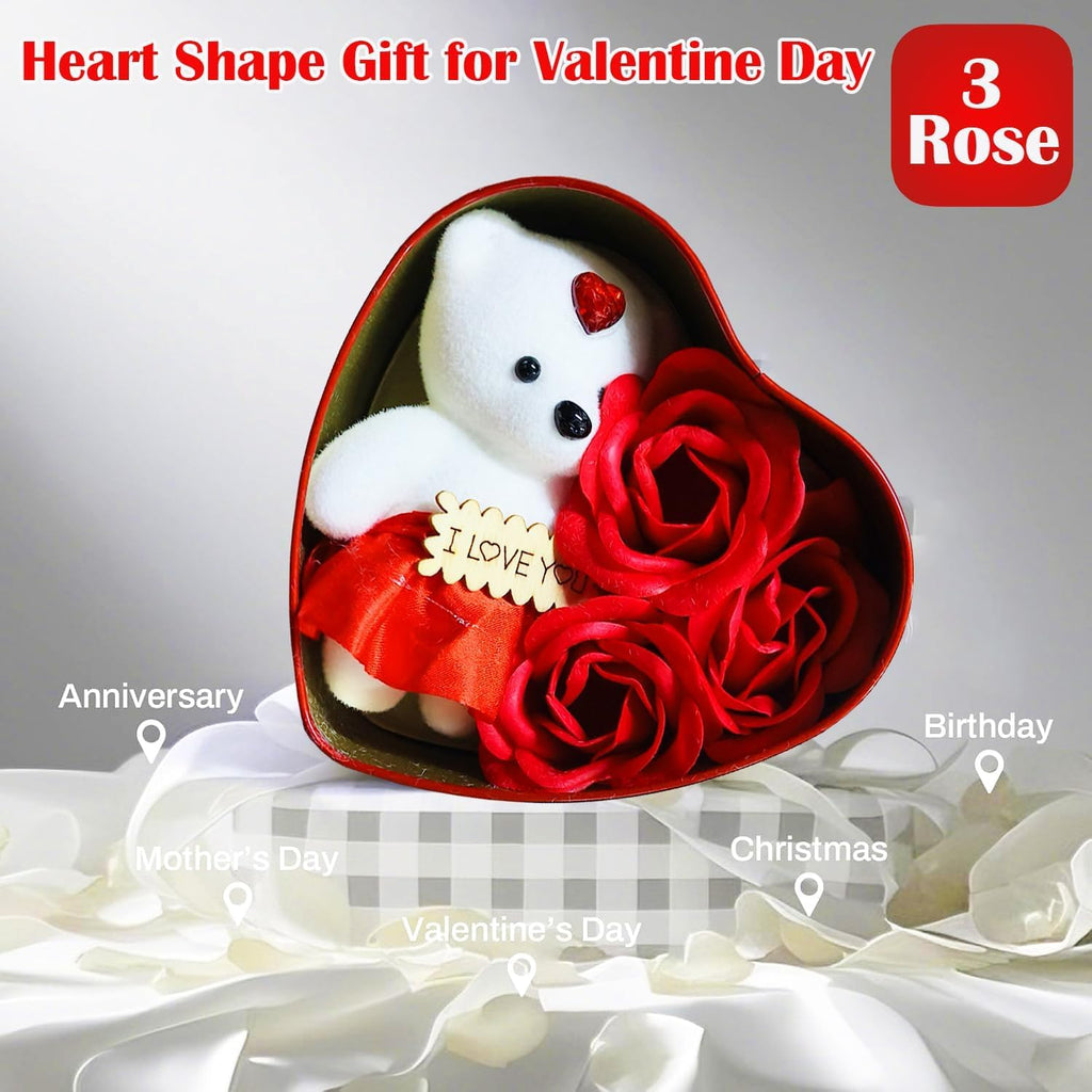 Darak Gifing Co. Decoration Heart Shape Gift Box with Teddy and 3 Artificial Roses | Romantic Decorative Gift for Valentine’s Day, Anniversary, Birthday and Special Occasions Pack of 1 Set