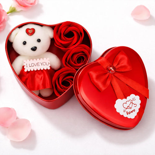 Darak Gifing Co. Decoration Heart Shape Gift Box with Teddy and 3 Artificial Roses | Romantic Decorative Gift for Valentine’s Day, Anniversary, Birthday and Special Occasions Pack of 1 Set