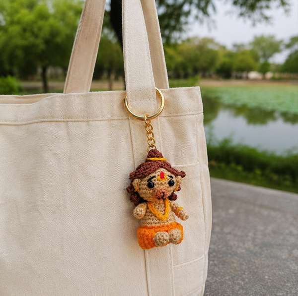 Darak Gifting Co. Handmade Crochet Lord Hanuman Keychain | Amigurumi Bajrangbali Plush Keyring | Cute Handmade Hanuman Keychain