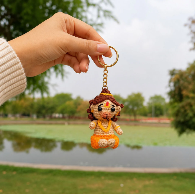 Darak Gifting Co. Handmade Crochet Lord Hanuman Keychain | Amigurumi Bajrangbali Plush Keyring | Cute Handmade Hanuman Keychain