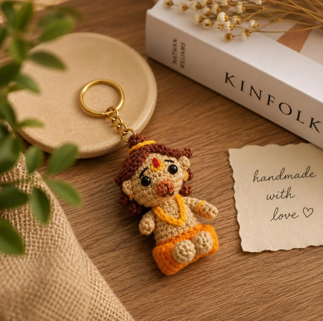 Darak Gifting Co. Handmade Crochet Lord Hanuman Keychain | Amigurumi Bajrangbali Plush Keyring | Cute Handmade Hanuman Keychain