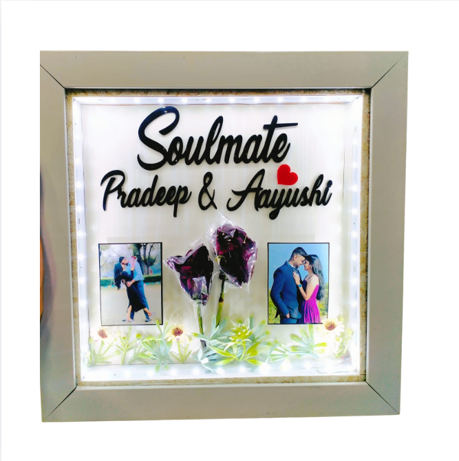 Darak Personalised Couple LED Acrylic Photo Frame, 15x15 | LED Night Lamp, 3-Photo Collage, Resin Flower Decor, Tabletop Display, Custom Names & Date