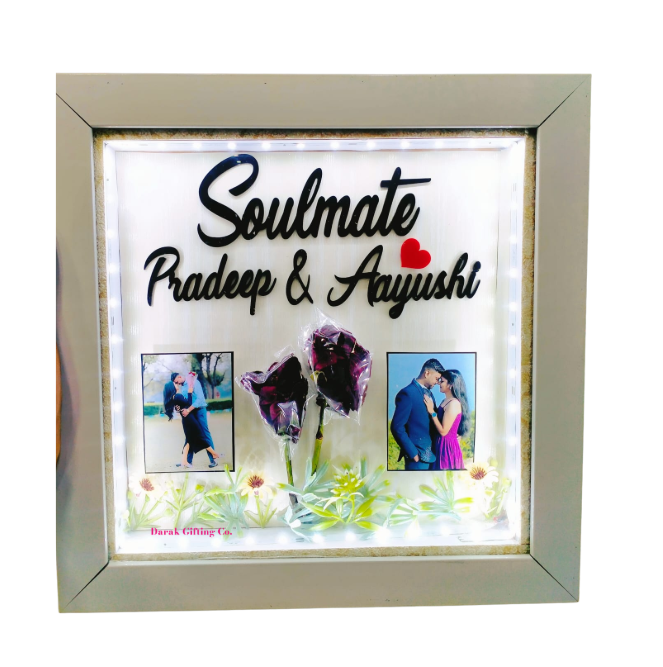 Darak Personalised Couple LED Acrylic Photo Frame, 15x15 | LED Night Lamp, 3-Photo Collage, Resin Flower Decor, Tabletop Display, Custom Names & Date