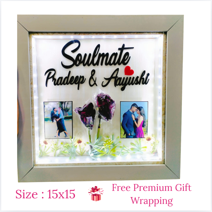 Darak Personalised Couple LED Acrylic Photo Frame, 15x15 | LED Night Lamp, 3-Photo Collage, Resin Flower Decor, Tabletop Display, Custom Names & Date