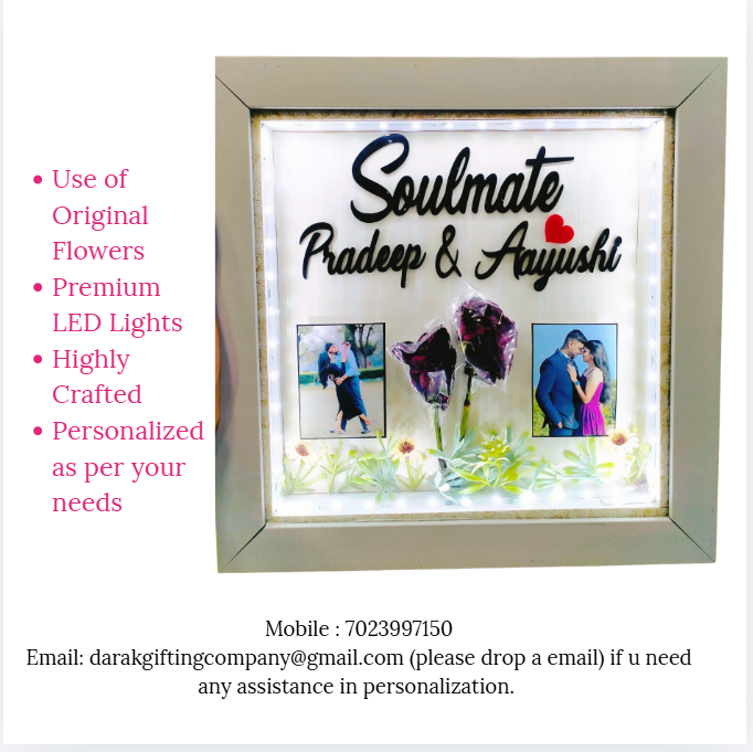 Darak Personalised Couple LED Acrylic Photo Frame, 15x15 | LED Night Lamp, 3-Photo Collage, Resin Flower Decor, Tabletop Display, Custom Names & Date
