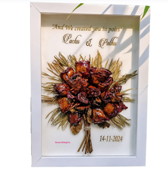 Darak Gifting Co. Resin Preserved Flower Bouquet Shadow Box Frame | 15 x 19 inch Size, Personalised Name & Date, 3D Shadow Box, White Frame, Couples Keepsake