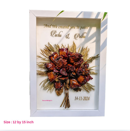 Darak Gifting Co. Resin Preserved Flower Bouquet Shadow Box Frame | 15 x 19 inch Size, Personalised Name & Date, 3D Shadow Box, White Frame, Couples Keepsake