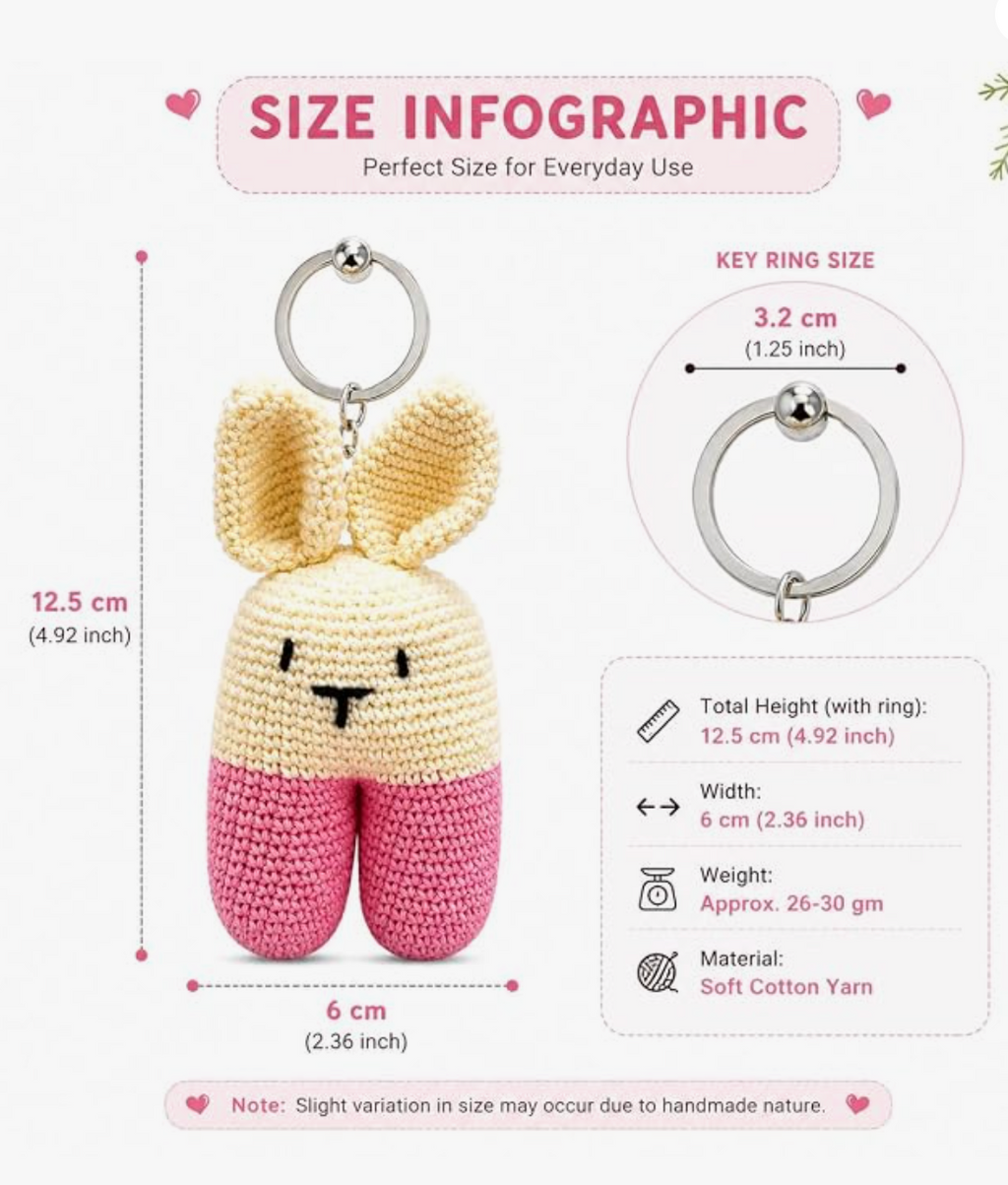 Darak Gifting Co. Handmade Crochet Bunny Keychain Soft Cotton Yarn | Amigurumi Rabbit, Kawaii Bag Charm, 12.5 cm Height, Lightweight, Handmade
