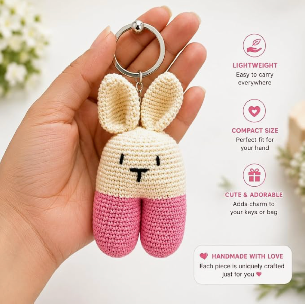 Darak Gifting Co. Handmade Crochet Bunny Keychain Soft Cotton Yarn | Amigurumi Rabbit, Kawaii Bag Charm, 12.5 cm Height, Lightweight, Handmade