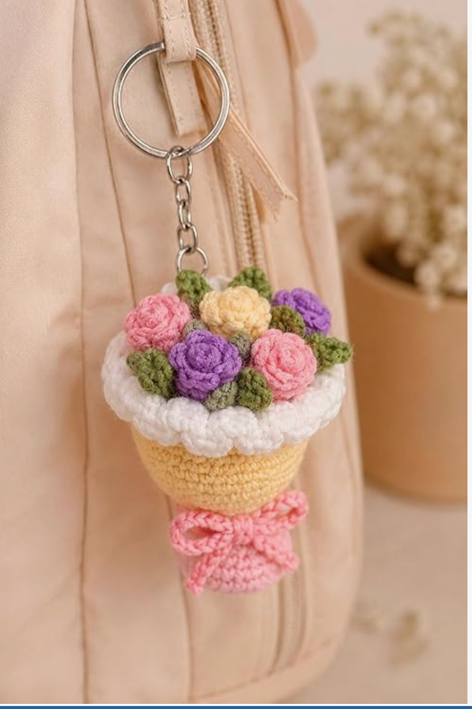 Darak Gifting Co. Handmade Crochet Multicolour Flower Bouquet Keychain | Soft Yarn Knitted, Bag & Car Key Charm, Aesthetic Floral Design, Key Ring Included