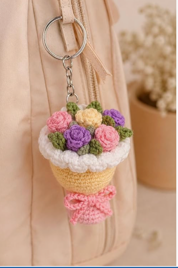 Darak Gifting Co. Handmade Crochet Multicolour Flower Bouquet Keychain | Soft Yarn Knitted, Bag & Car Key Charm, Aesthetic Floral Design, Key Ring Included